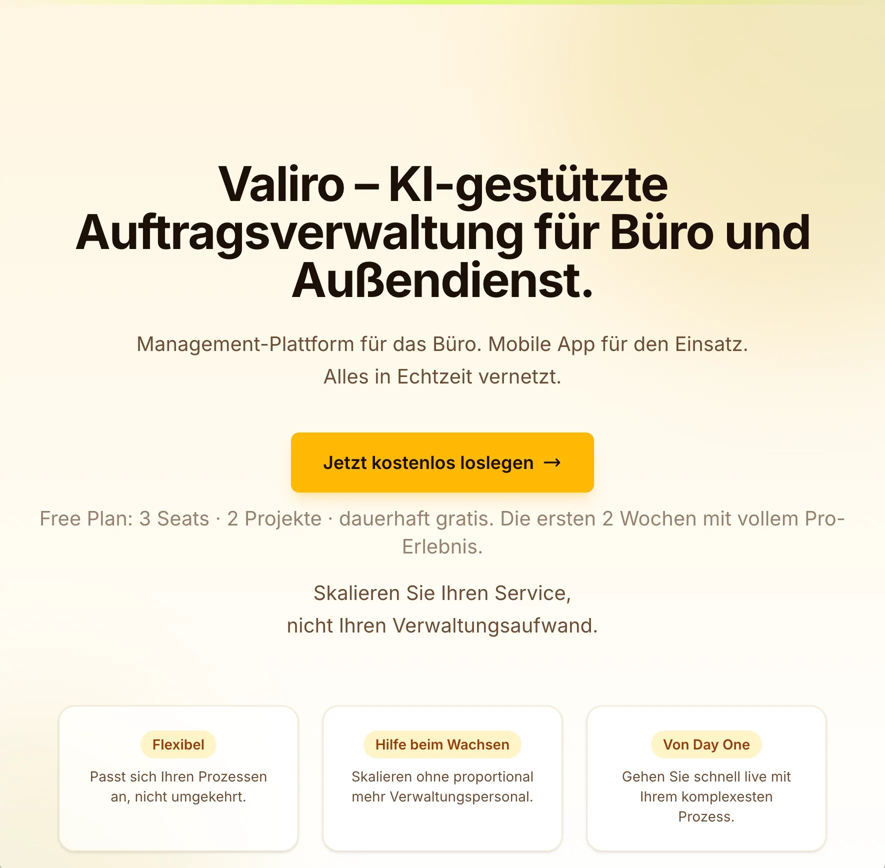 Valiro — Plattform für Bau- und Engineering-Firmen, die Büro- und Außendienst-Teams verbindet.